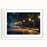 Framed wall art depicting a serene landscape with winding roads, featuring a white mat and sleek frame, ideal for home or office decor. The calming colors enhance any setting.