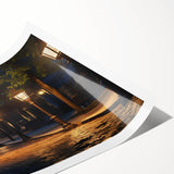 Stunning landscape wall art print showcasing a serene road lined with vibrant autumn trees, rolled and packaged in a protective cardboard tube for easy display.