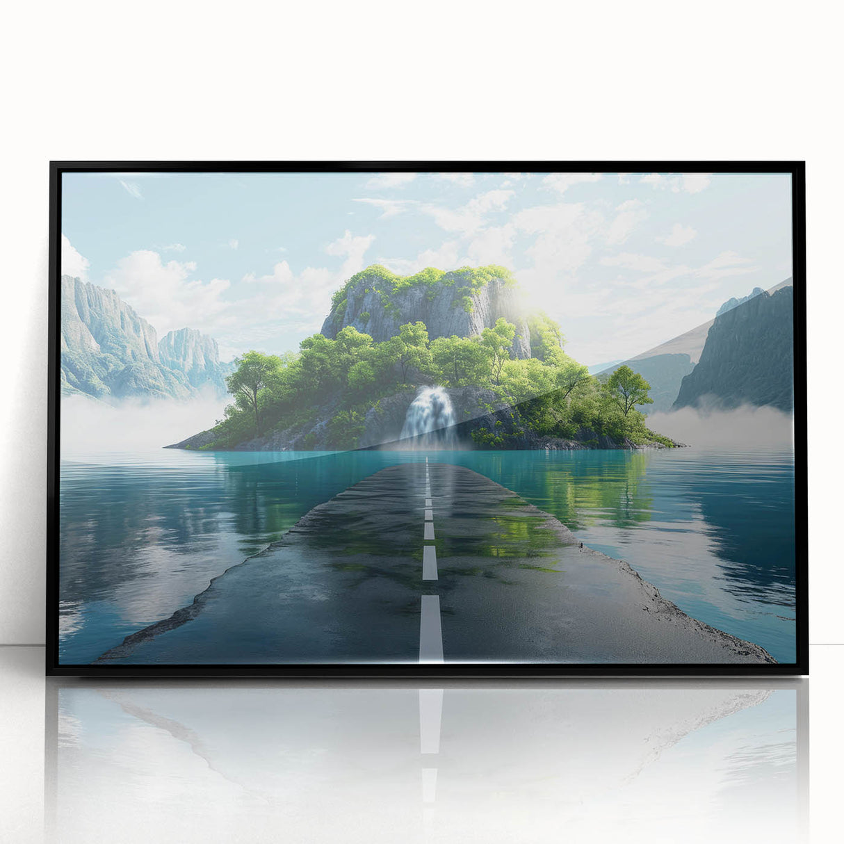 Framed acrylic wall art featuring a scenic road landscape design, showcasing vibrant colors and intricate details, ideal for modern home décor. The artwork is presented in a sleek black frame, enhancing its visual appeal and making it a striking focal point for any room.