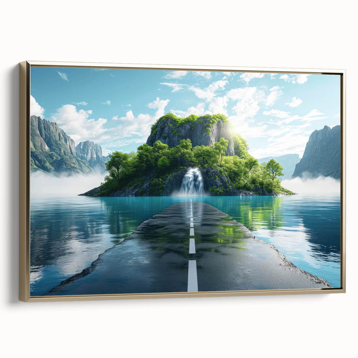 Framed wall art showcasing a scenic landscape design with winding roads, featuring a gold frame that enhances the vibrant colors of the canvas print. Perfect for home decor.