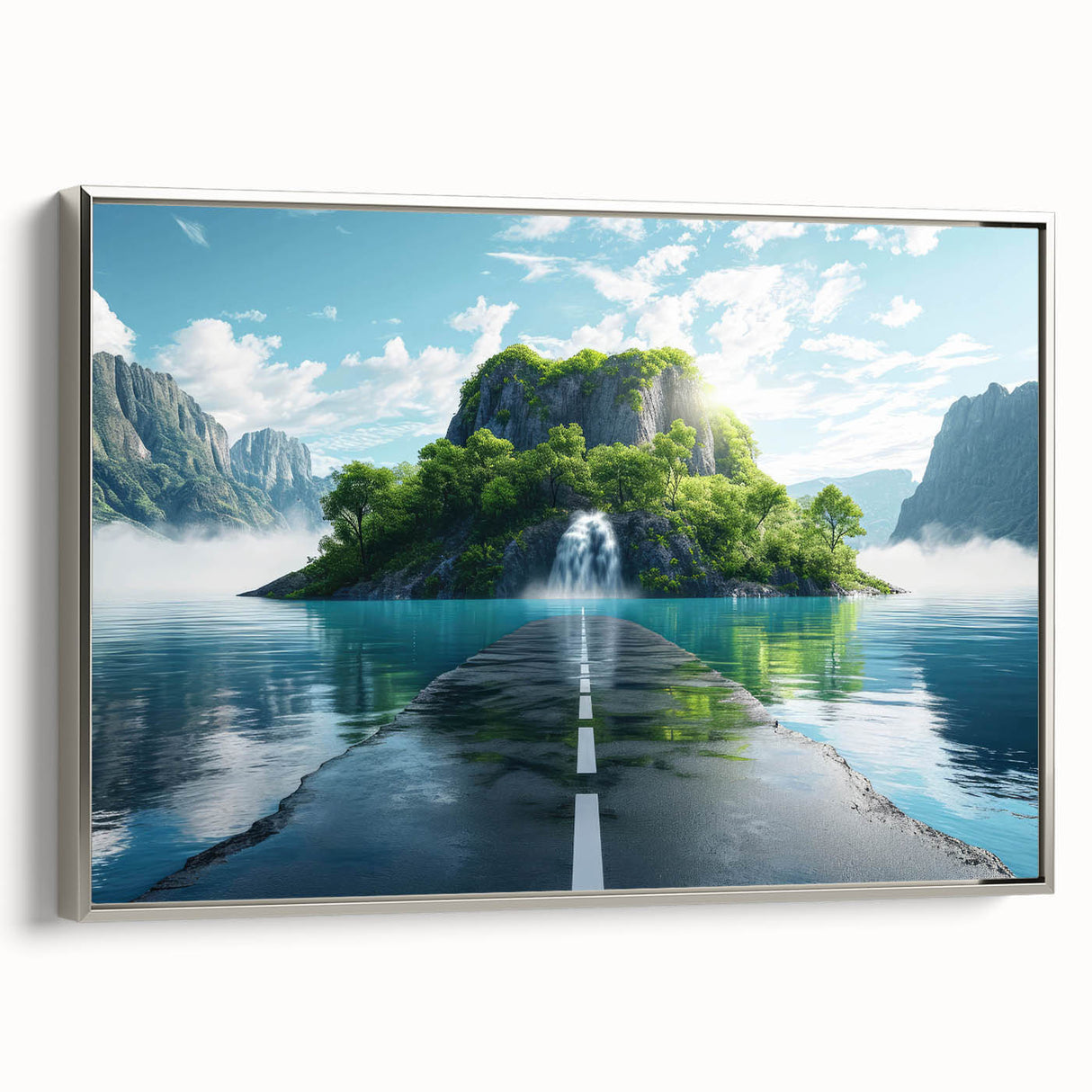 Framed canvas wall art showcasing a modern landscape design with winding roads, featuring a silver frame and vibrant colors that enhance any living space.