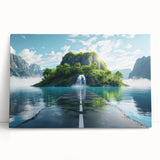 Stretched canvas wall art showcasing a scenic landscape with winding roads and vibrant colors, perfect for home decor or office aesthetics, leaning against a textured background.