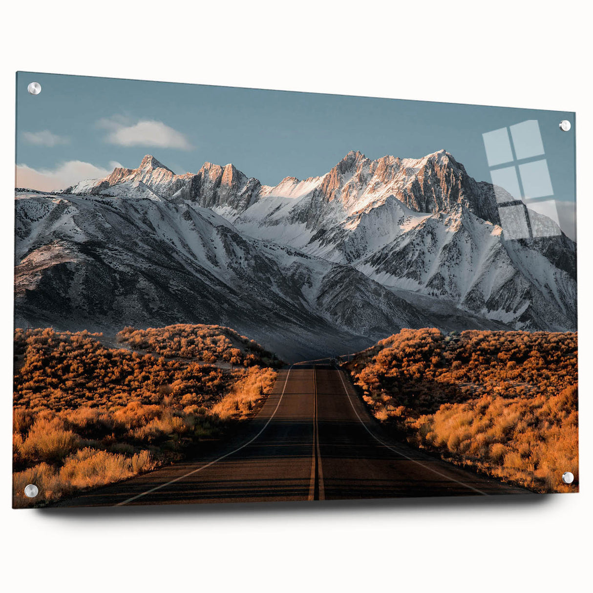 Acrylic glass wall art showcasing a vibrant landscape design with roads, featuring a side view and decorative pins, perfect for modern home decor accents.