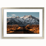 Framed wall art collection showcasing a serene landscape road design with a silver mat finish, ideal for home decor, adding elegance and tranquility to any space.