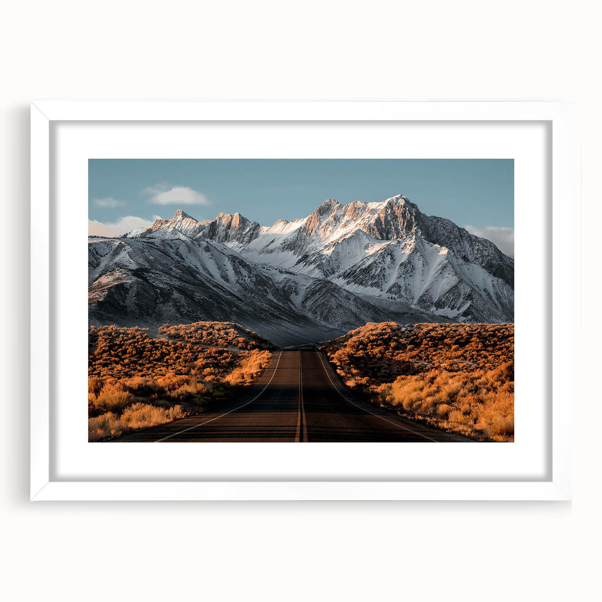 Framed landscape wall art collection showcasing serene road scenes, featuring a white mat and sleek frame, ideal for modern home decor.