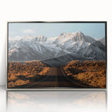 Framed acrylic wall art showcasing a stunning landscape road design in silver tones, perfect for modern home decor, emphasizing elegance and tranquility.