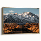 Framed canvas wall art showcasing a modern landscape design with a road and golden accents, perfect for home decor or office spaces, adding elegance and warmth.