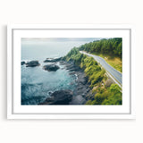 Framed wall art showcasing a serene landscape design with a road and trees, featuring a white mat and sleek black frame, ideal for home decor enhancement.