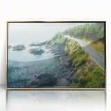 Framed wall art featuring a scenic landscape with winding road and vibrant greenery, elegantly displayed in gold-accented acrylic for a modern touch. Perfect for home decor enthusiasts seeking nature-inspired elegance.