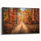 Framed canvas wall art showcasing a serene landscape road design with vibrant colors, set in a sleek black frame, perfect for modern home decor.