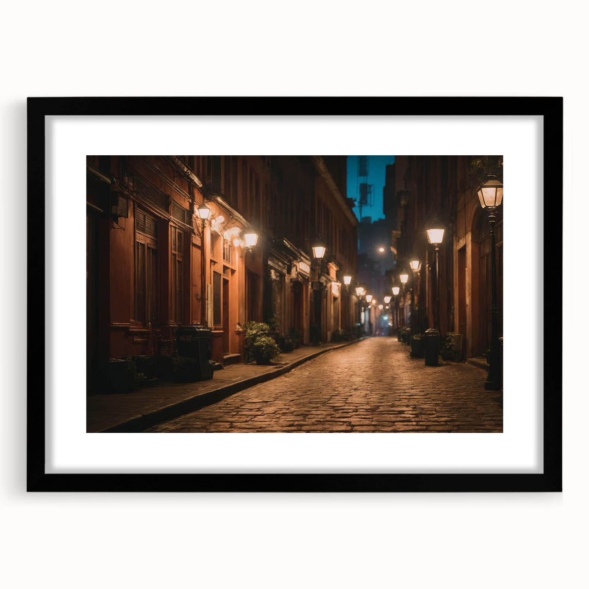 Black-framed landscape wall art design featuring a serene road scene, highlighted by a white mat, perfect for modern home decor or office aesthetics.