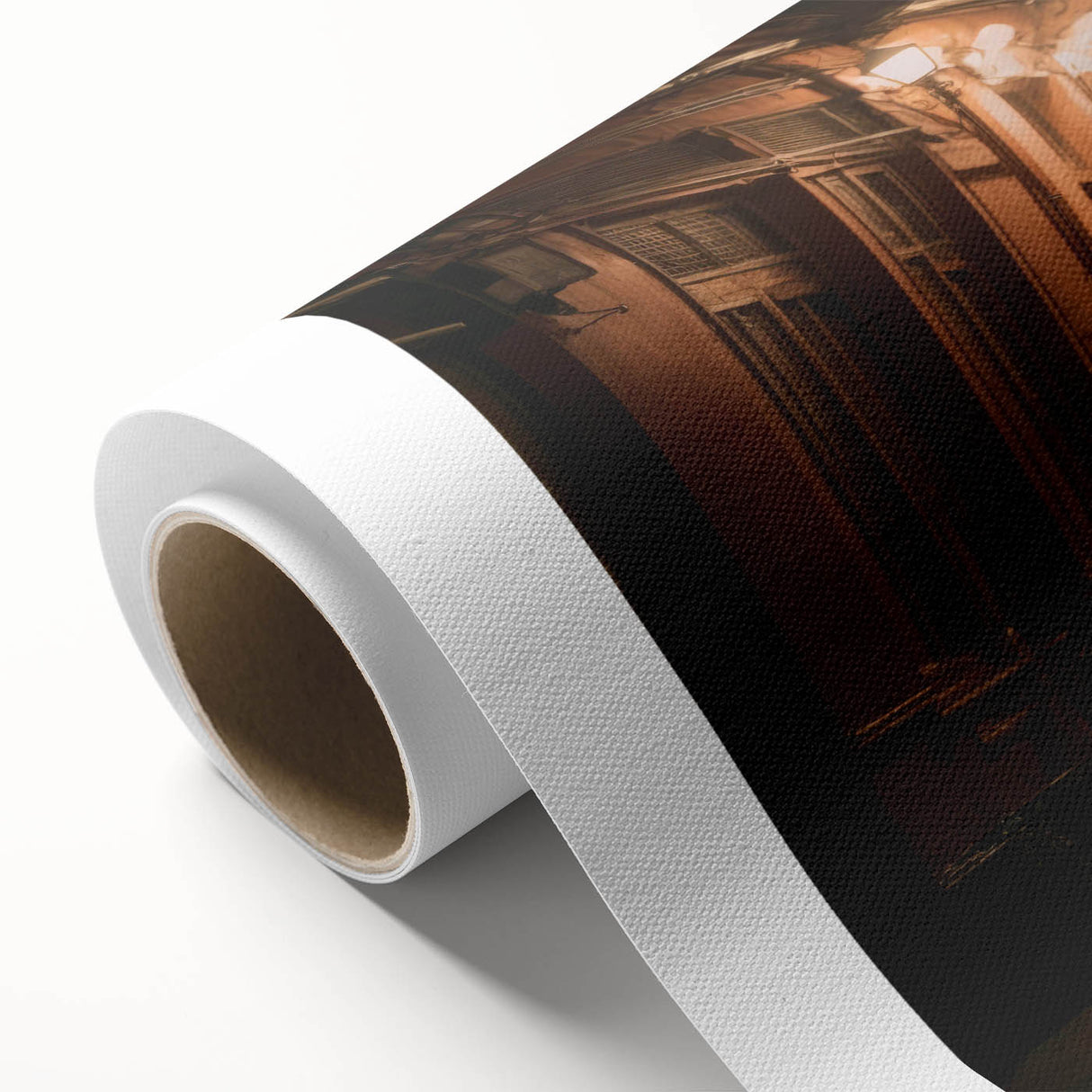 Rolled canvas wall art showcasing a vibrant landscape design with winding roads and lush greenery, elegantly packaged in a protective cardboard tube for safe shipping. Perfect for enhancing home decor with nature-themed aesthetics.