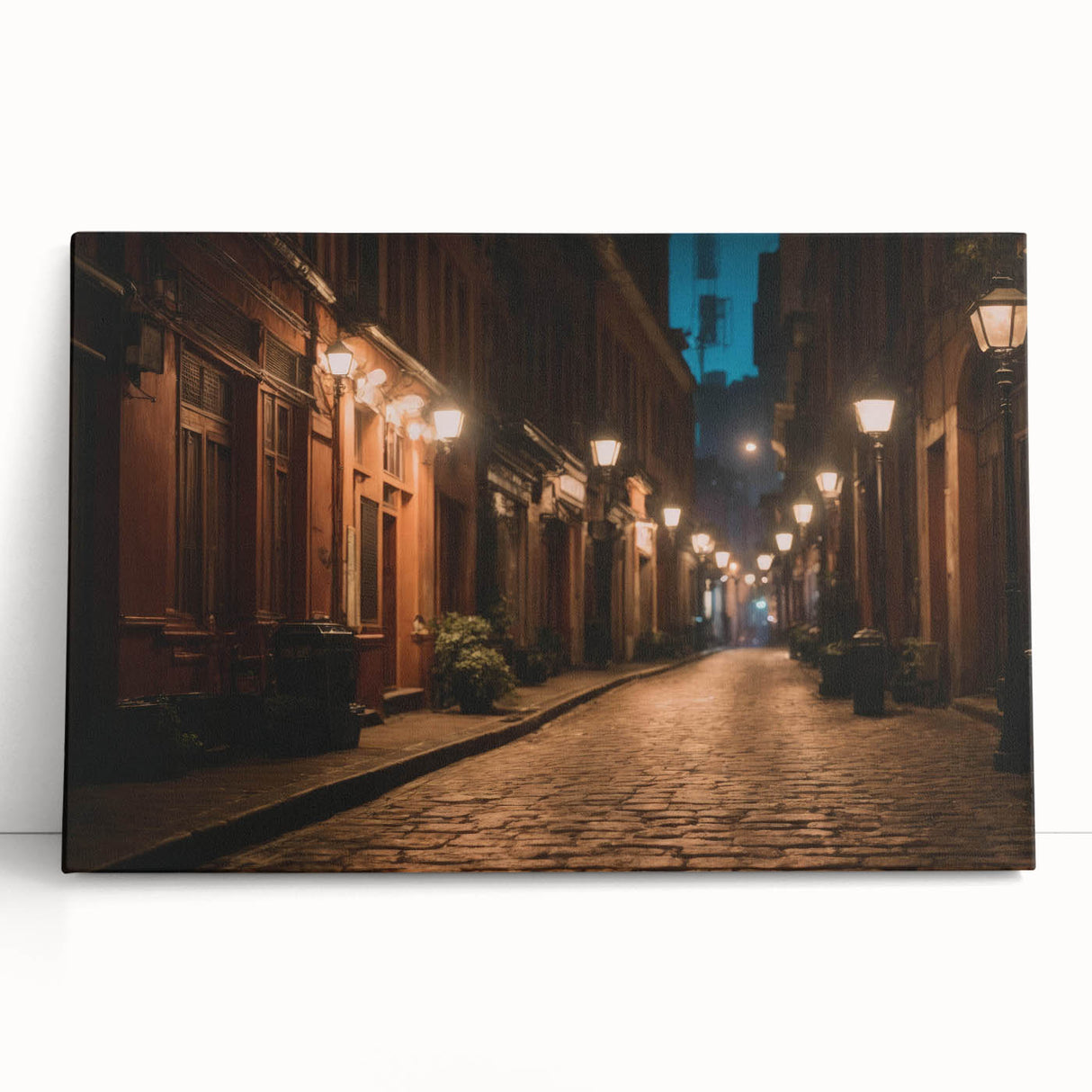Stretched canvas artwork depicting a serene landscape road scene, designed for wall decor, showcasing vibrant colors and intricate details, perfect for home interiors.