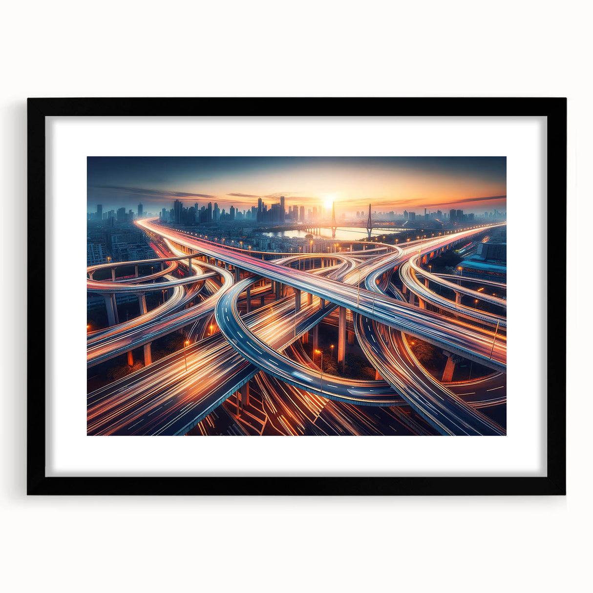 Framed wall art featuring a scenic landscape design with a black mat and frame, showcasing vibrant colors and intricate details, perfect for home decor.