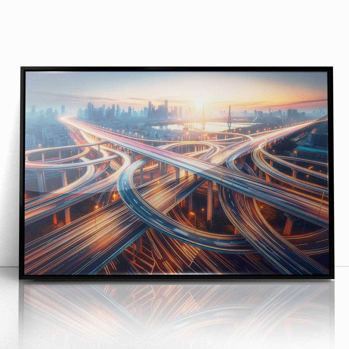 Framed acrylic wall art featuring a stunning landscape design with winding roads, presented in a sleek black frame, ideal for modern home decor.