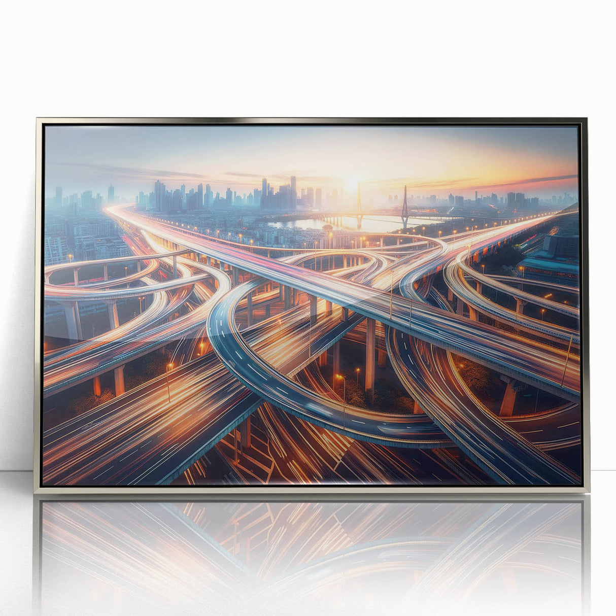 Framed acrylic wall art showcasing a modern landscape design with roads and greenery, featuring a sleek silver frame, ideal for contemporary home decor.