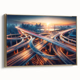 Framed canvas wall art showcasing a serene landscape with winding roads, highlighted by elegant gold accents, perfect for modern home decor.