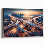 Framed canvas artwork showcasing a serene landscape road design in silver tones, perfect for modern home decor, set against a minimalist backdrop.
