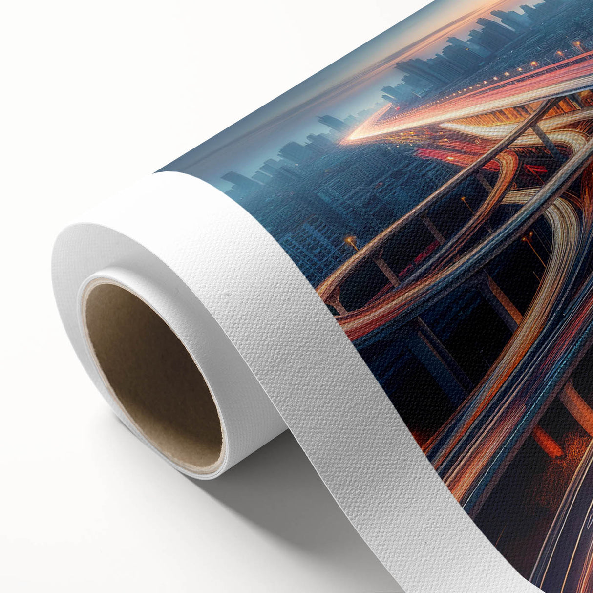 Rolled canvas wall art showcasing a scenic landscape with winding roads and vibrant colors, ideal for home decor or office aesthetics, presented in protective packaging.