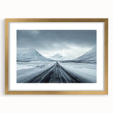 Framed landscape wall art featuring a serene road design in soft colors, with a gold mat and frame, perfect for home decor and modern aesthetics.