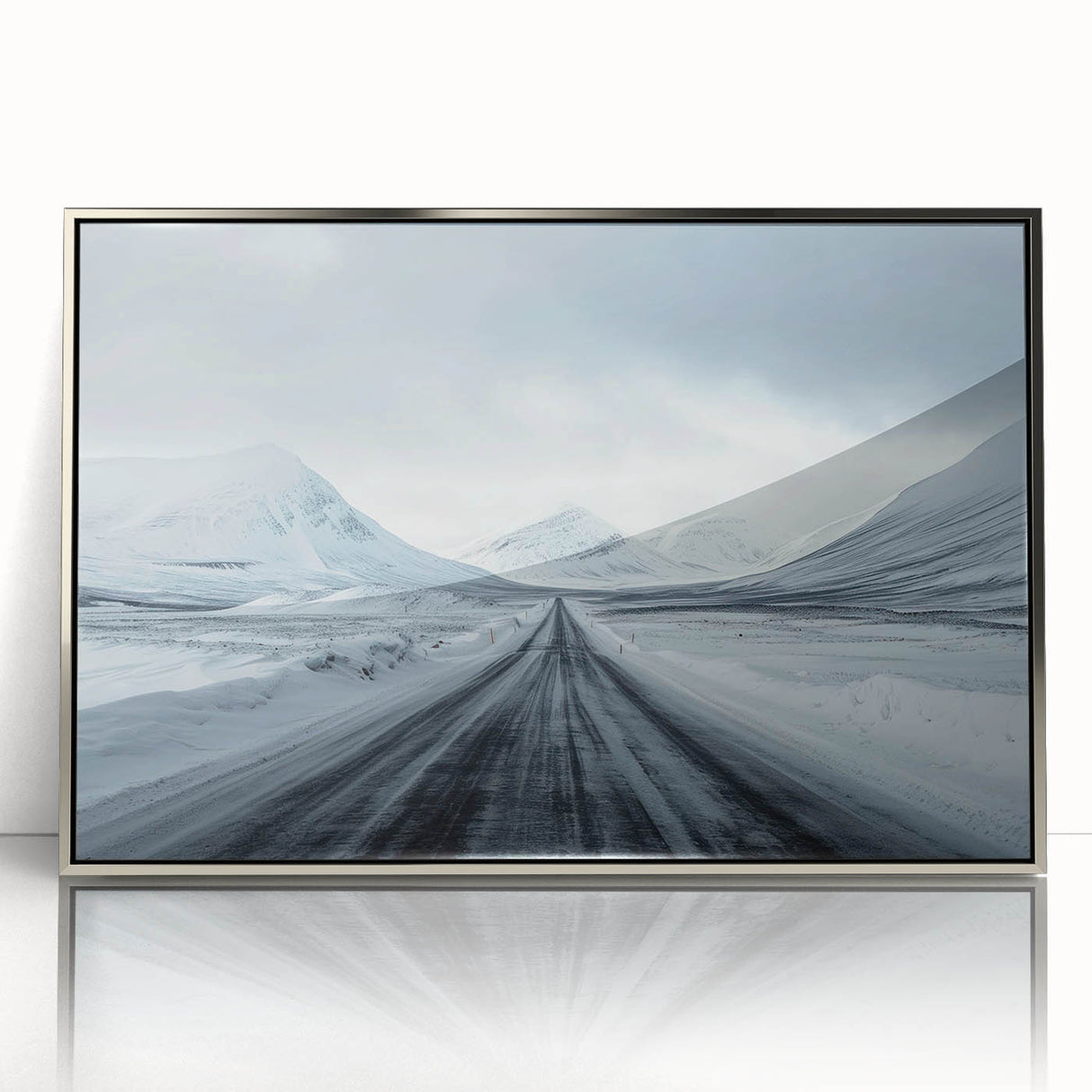 Framed acrylic wall art depicting a serene landscape with winding roads, featuring silver accents and contemporary design, ideal for modern home decor.