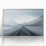 Framed acrylic wall art featuring a serene landscape with winding roads, presented in a sleek white frame, perfect for enhancing home decor and creating a peaceful atmosphere.