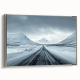 Framed canvas wall art showcasing a serene landscape road design, featuring silver accents and a sleek profile, perfect for enhancing modern home decor.