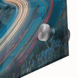 Close-up of a beautifully designed acrylic glass wall art piece showcasing a vibrant landscape and road design, perfect for modern home decor. The artwork features rich colors and intricate details, enhancing any interior space.