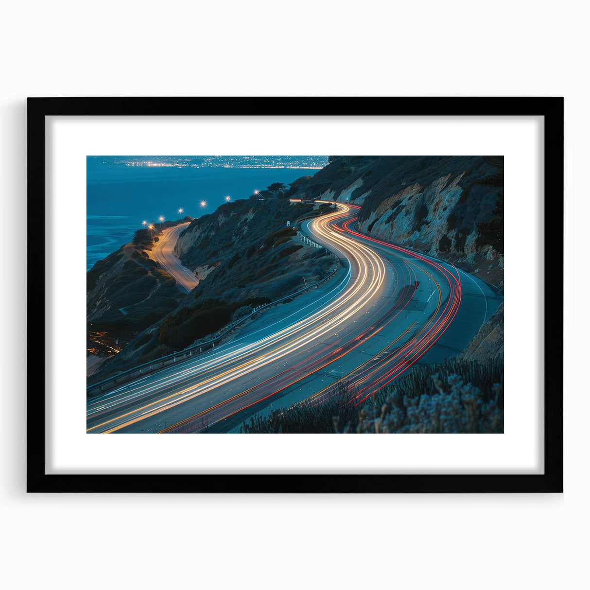 Framed wall art featuring a serene landscape design with winding roads and lush greenery, presented in a sleek black frame with a white mat. Perfect for home decor.