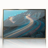 Framed wall art featuring a stunning landscape design with winding roads and vibrant colors, accented by a sleek gold frame, perfect for modern decor.