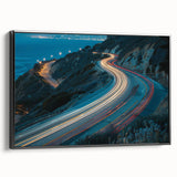 Framed canvas wall art featuring a scenic landscape design with winding roads, presented in a sleek black frame, ideal for home decor enhancement.