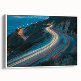 Framed canvas wall art showcasing a serene landscape with winding roads, featuring a white frame and side view, perfect for modern home decor.