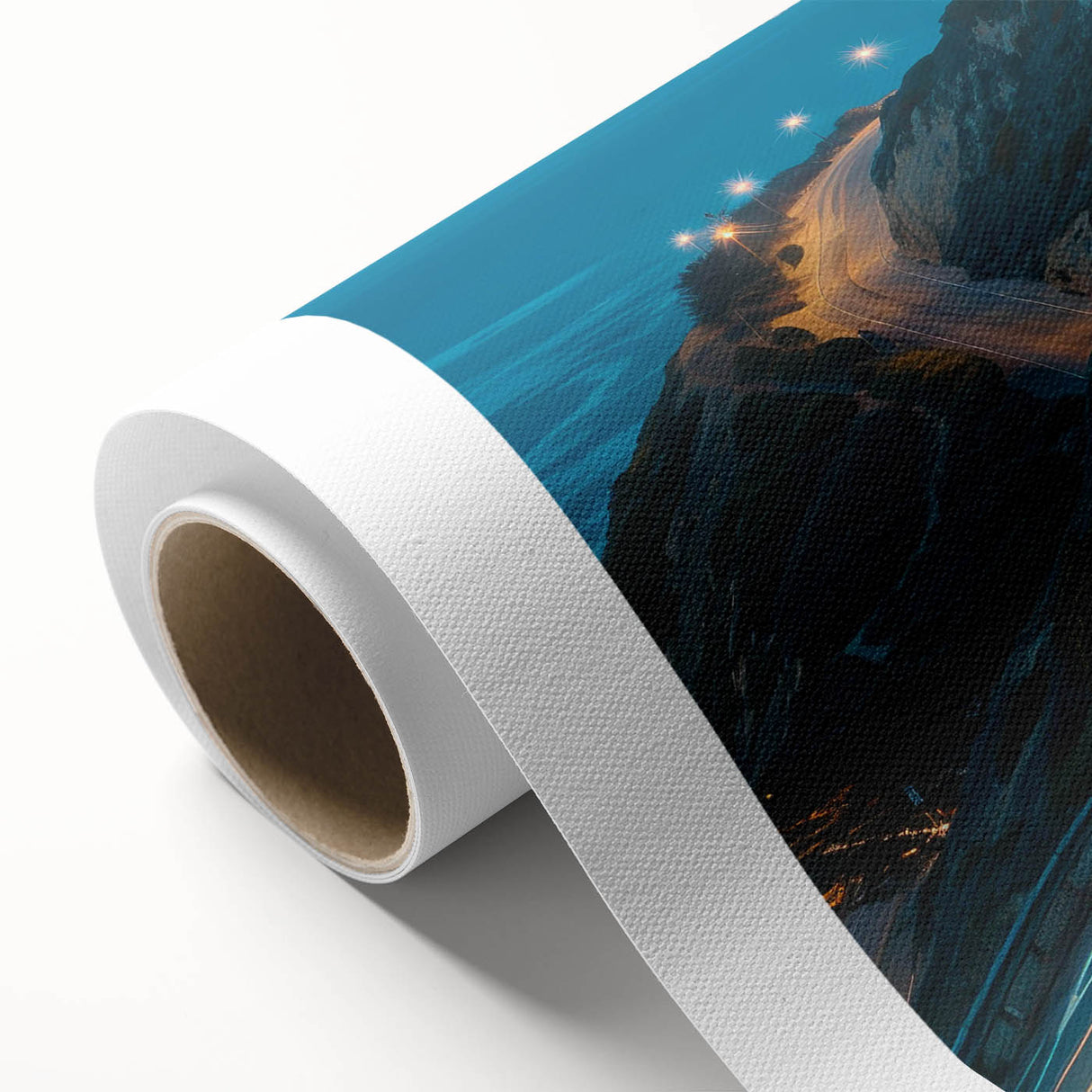 Rolled canvas art showcasing a vibrant landscape design with winding roads and lush greenery, ideal for home decor. Packaged securely in a protective tube for safe delivery.