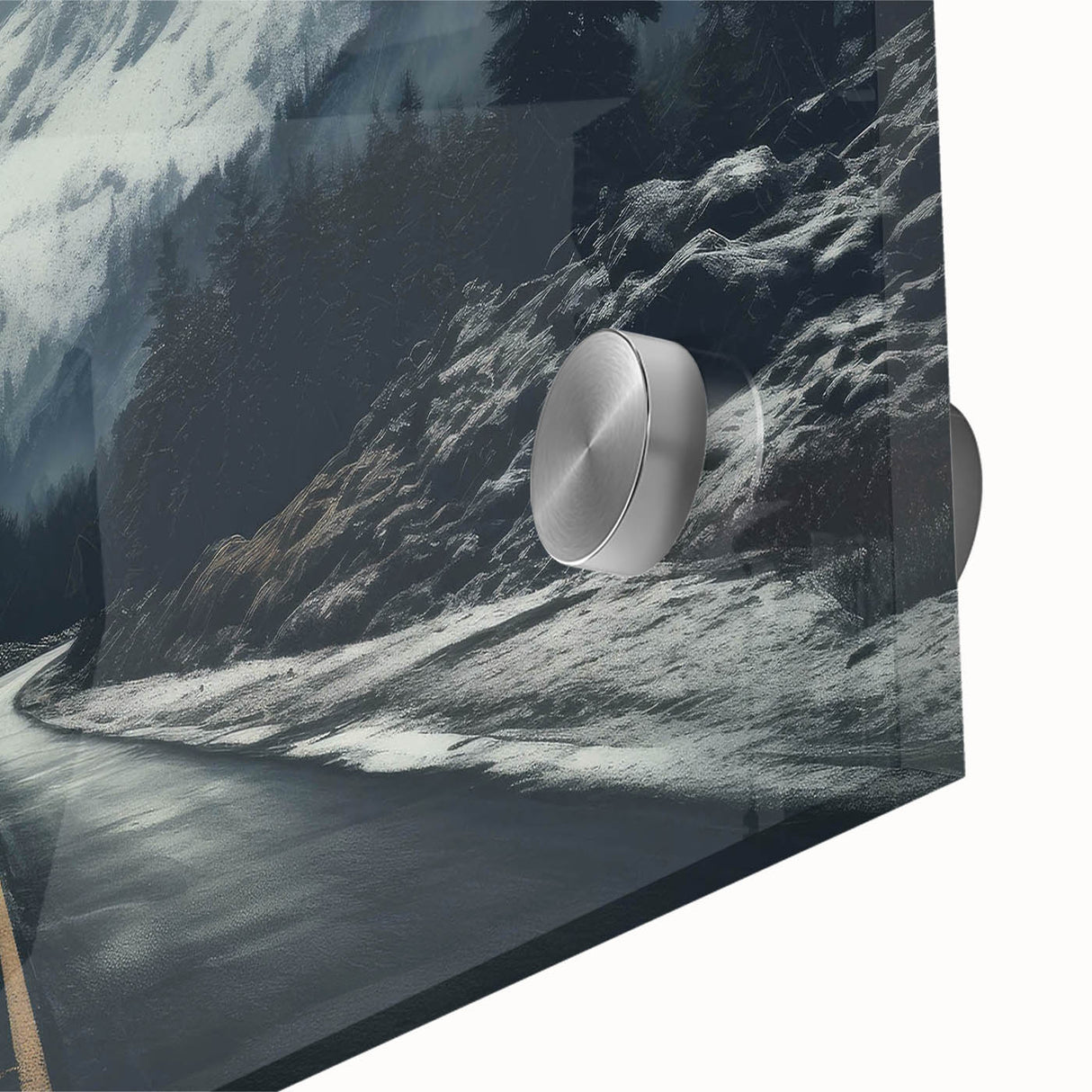 Close-up of a vibrant acrylic glass artwork showcasing a colorful abstract landscape and road design, perfect for modern home decor and interior styling.