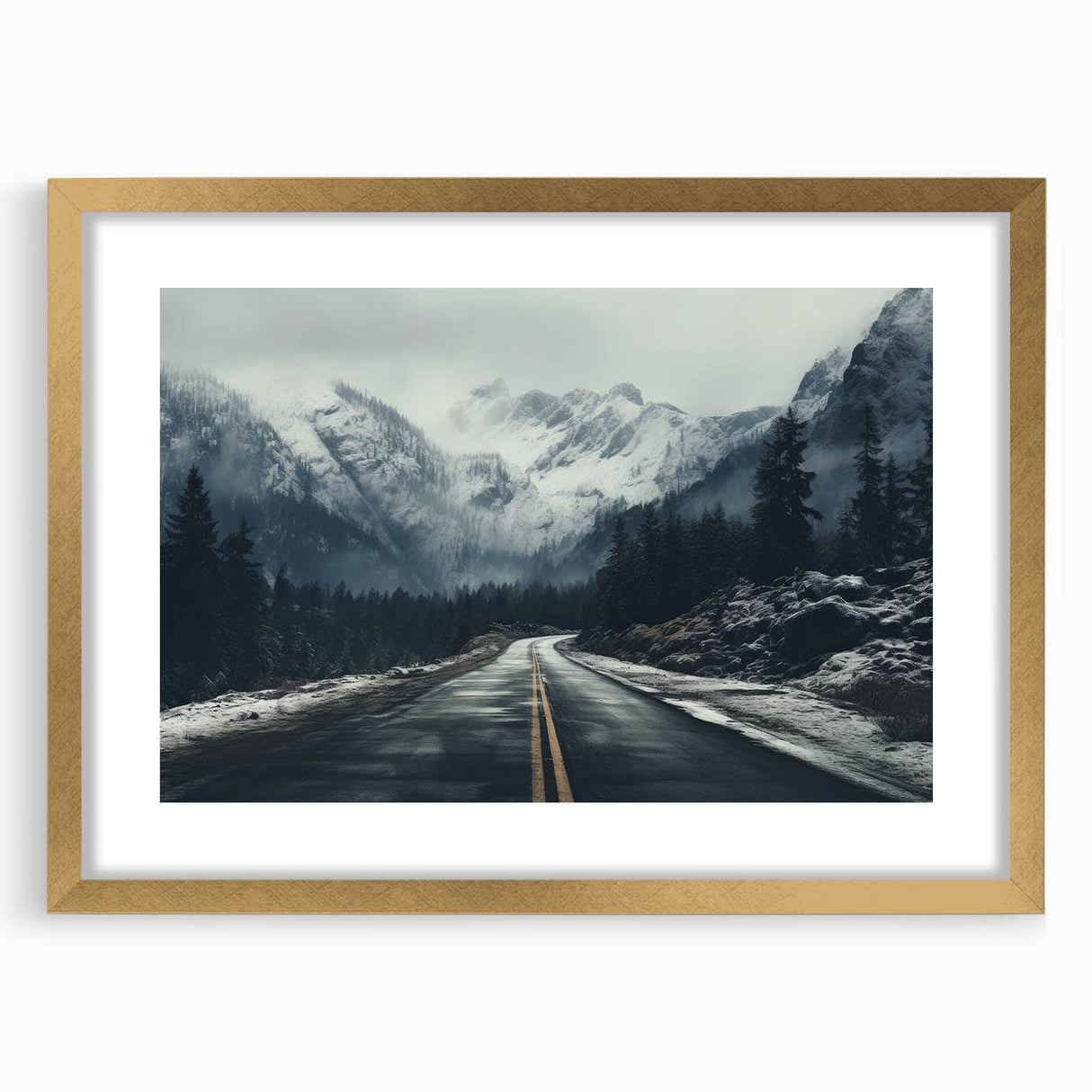 Elegant gold-framed wall art featuring a scenic landscape with winding roads, designed to enhance home decor. The piece includes a mat for a polished finish.