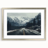Framed landscape wall art depicting a serene road scene with lush greenery, set in a silver frame with a white mat, perfect for home decor enhancement.