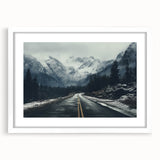 Framed wall art showcasing a scenic landscape road design, featuring a white mat and sleek frame, perfect for modern home decor. Ideal for enhancing interior aesthetics.