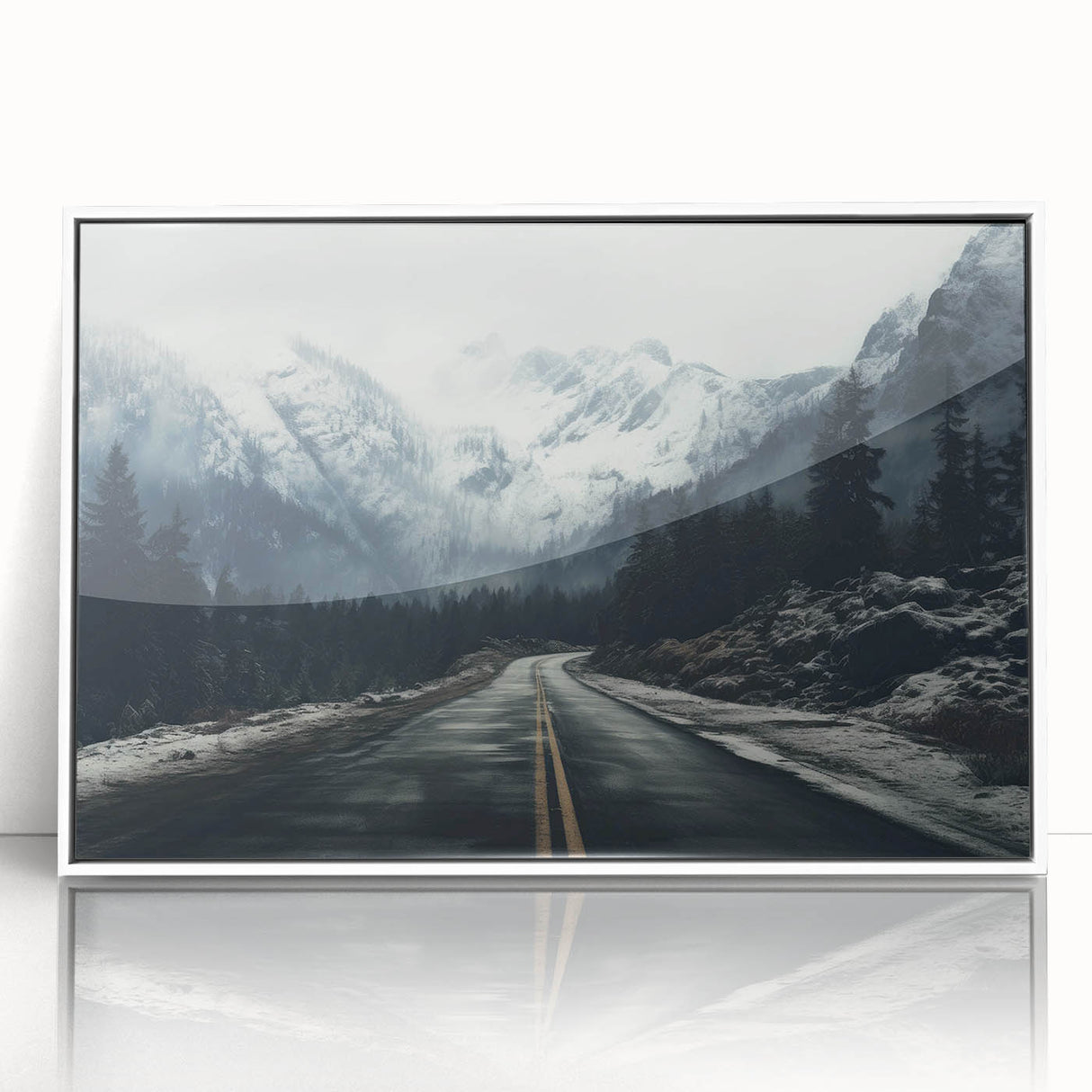 Framed acrylic wall art showcasing a scenic landscape with winding roads, presented in a sleek white frame, ideal for enhancing modern home decor.