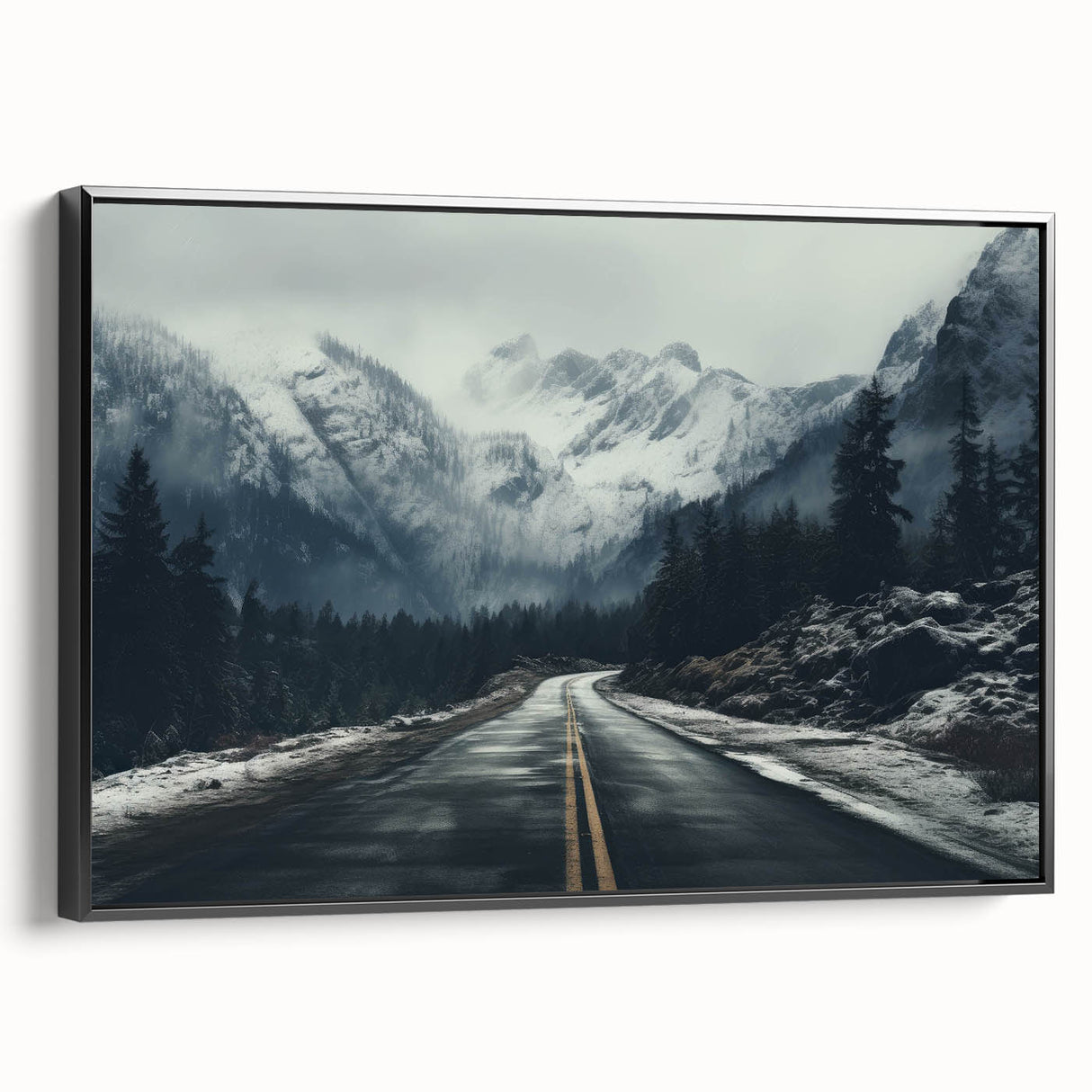 Framed canvas wall art showcasing a stunning landscape road design with a black frame, perfect for modern decor. Ideal for adding depth to living spaces.