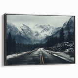 Framed canvas wall art showcasing a stunning landscape road design with a black frame, perfect for modern decor. Ideal for adding depth to living spaces.