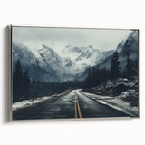 Framed canvas wall art showcasing a contemporary landscape design with winding roads against a serene backdrop, featuring a sleek silver frame for an elegant finish.