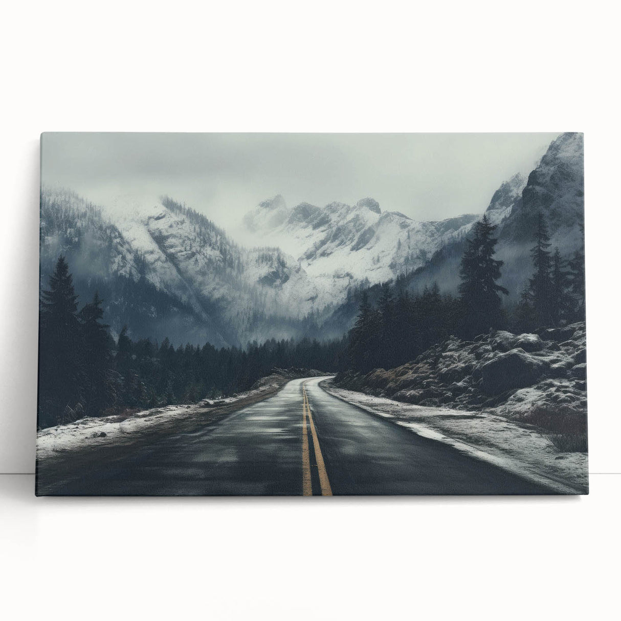 Stretched canvas wall art showcasing a scenic landscape with winding roads and vibrant colors, elegantly leaning against a neutral wall for modern decor. Ideal for enhancing living spaces with natural beauty and tranquility.
