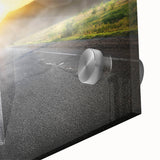 Close-up of an acrylic glass wall art piece showcasing a vibrant landscape design with winding roads, featuring rich colors and intricate details, perfect for modern decor.