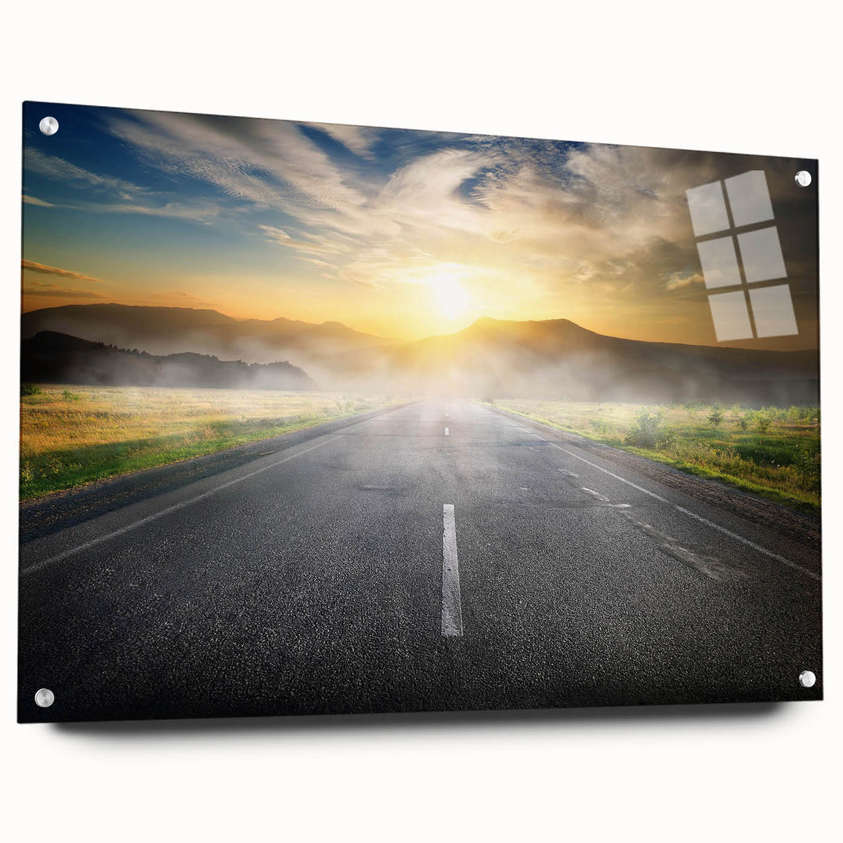 Acrylic glass wall art featuring a vibrant landscape road design, showcasing vivid colors and intricate details, complemented by stylish mounting pins for easy display.