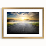 Elegant gold-framed wall art featuring a serene landscape design with winding roads, perfect for home decor, showcasing a blend of nature and tranquility.