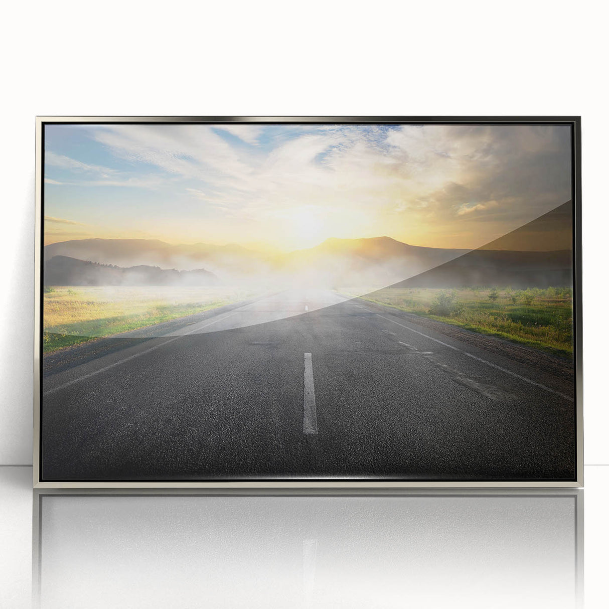 Framed acrylic wall art showcasing a stunning silver landscape design, featuring a winding road amidst vibrant greenery, perfect for home decor and modern aesthetics.