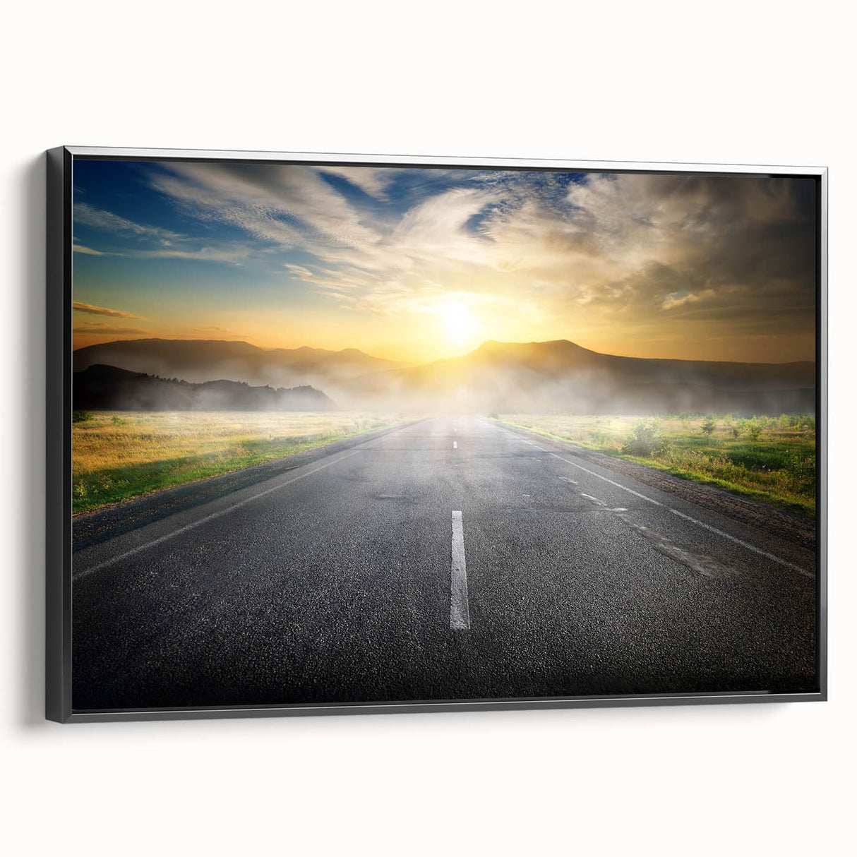 Framed canvas wall art showcasing a minimalist landscape design with a winding road and lush greenery, featuring a sleek black frame, ideal for modern decor.