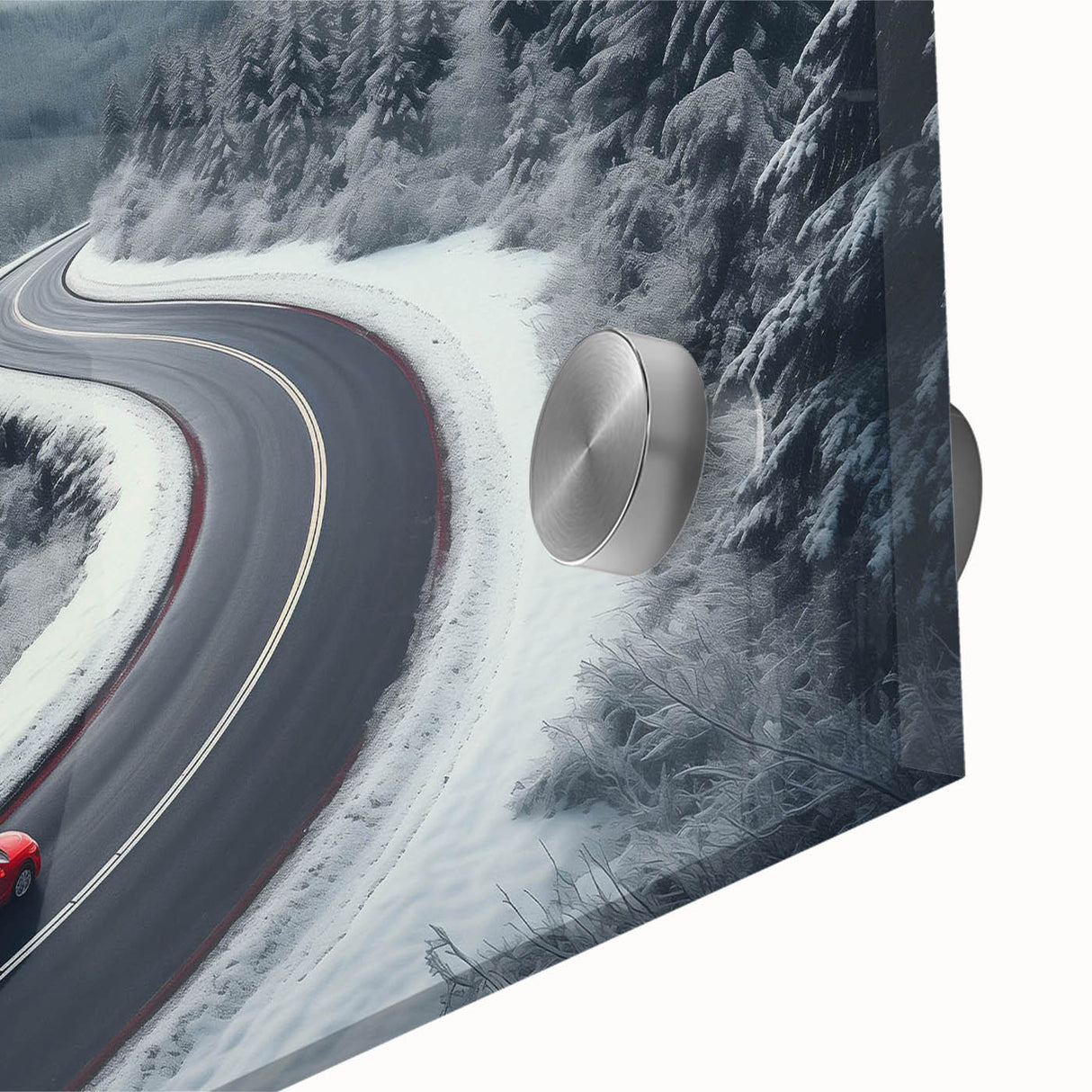 Close-up of a vibrant acrylic landscape wall art piece showcasing a winding road through lush greenery, perfect for modern home decor and artistic interiors.