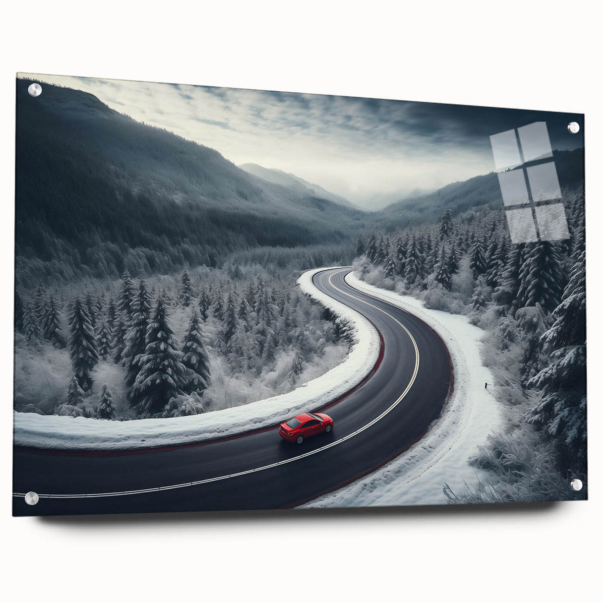 Acrylic glass wall art featuring a scenic landscape design, showcasing a winding road through lush greenery, complemented by decorative pins for easy hanging. The vibrant colors and intricate details create an inviting atmosphere, perfect for enhancing any home or office decor.