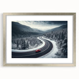 Framed wall art featuring a scenic landscape design with winding roads, presented in a sleek silver frame with a mat, ideal for home decor enhancement.